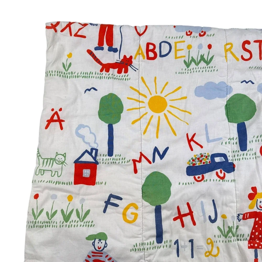 Vintage ABC Alphabet Illustration Toddler‎ Quilt Blanket White Kidcore Nursery